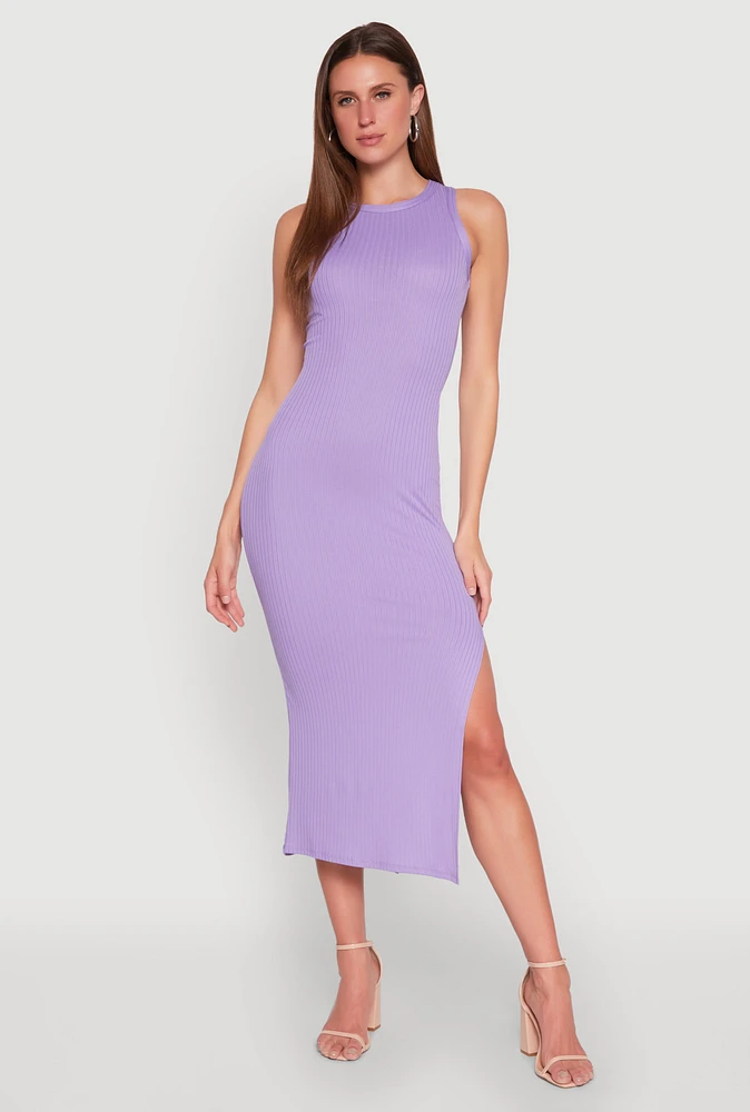 Womens Ribbed Knit Side Slit Maxi Tank Dress, Purple, Size S
