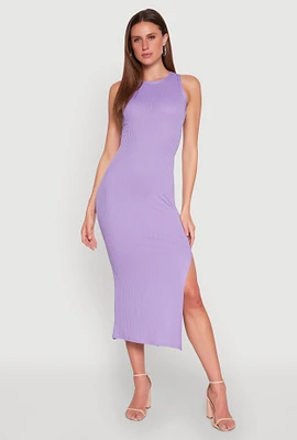Womens Ribbed Knit Side Slit Maxi Tank Dress, Purple, Size S