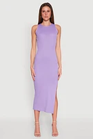 Womens Ribbed Knit Side Slit Maxi Tank Dress, Purple, Size S