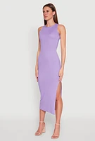 Womens Ribbed Knit Side Slit Maxi Tank Dress, Purple, Size S