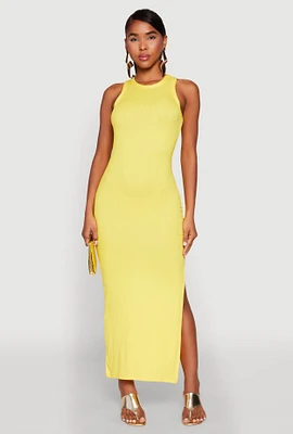Womens Ribbed Knit Side Slit Maxi Tank Dress, Yellow, Size XL