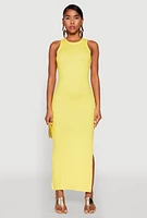 Womens Ribbed Knit Side Slit Maxi Tank Dress, Yellow, Size XL