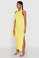 Womens Ribbed Knit Side Slit Maxi Tank Dress, Yellow, Size XL