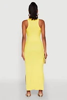 Womens Ribbed Knit Side Slit Maxi Tank Dress, Yellow, Size XL