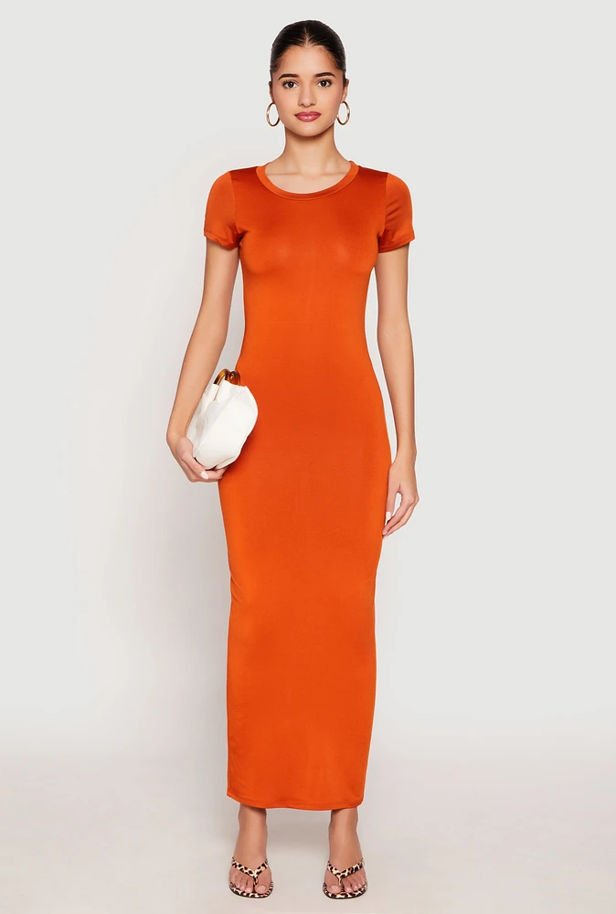 Womens Short Sleeve Slit Back Maxi Dress, S
