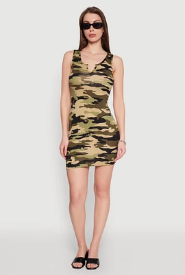Womens Camo Notch Neck Mini Tank Dress, Green, Size S