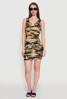 Womens Camo Notch Neck Mini Tank Dress, Green, Size S