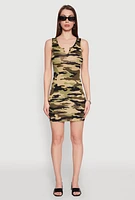 Womens Camo Notch Neck Mini Tank Dress, Green, Size S