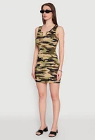 Womens Camo Notch Neck Mini Tank Dress, Green, Size S