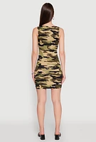Womens Camo Notch Neck Mini Tank Dress, Green, Size S