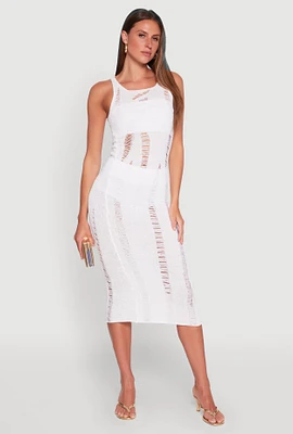 Womens Distressed Scoop Neck Midi Dress, White, Size XL