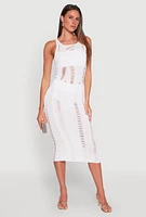 Womens Distressed Scoop Neck Midi Dress, White, Size XL