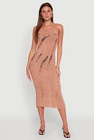 Womens Distressed Scoop Neck Midi Dress, Beige, Size L