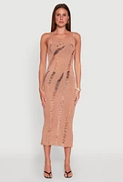 Womens Distressed Scoop Neck Midi Dress, Beige, Size L