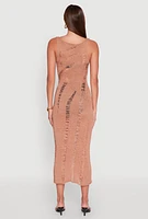 Womens Distressed Scoop Neck Midi Dress, Beige, Size L