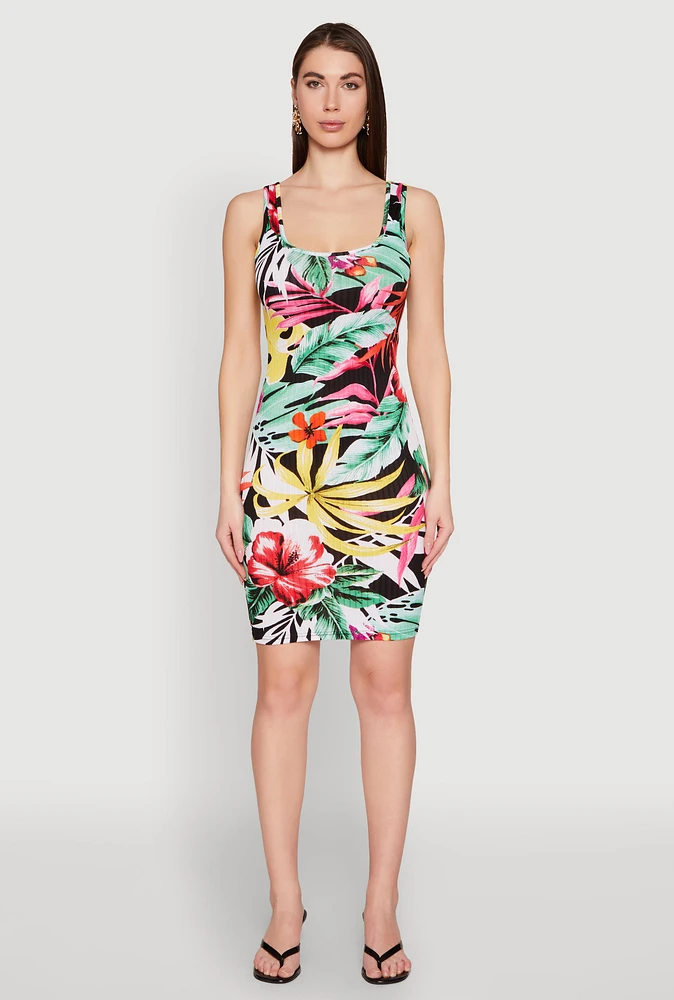 Womens Tropical Print Scoop Neck Tank Dress, Multi, Size M