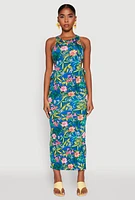 Womens Floral Print Drawstring Side Cut Out Maxi Dress, Multi, Size M