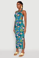 Womens Floral Print Drawstring Side Cut Out Maxi Dress, Multi, Size M