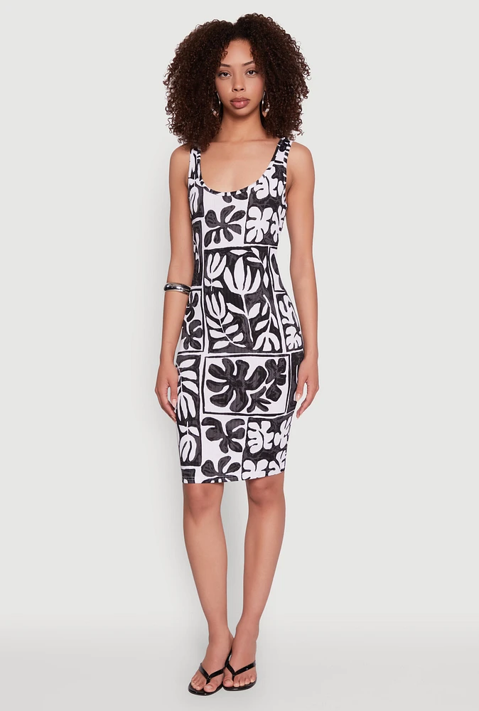 Womens Scoop Neck Leaf Print Midi Dress, Multi, Size S