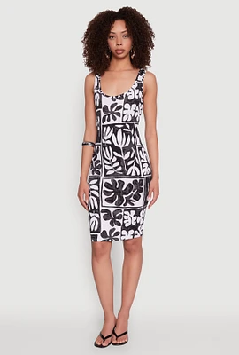 Womens Scoop Neck Leaf Print Midi Dress, Multi, Size S