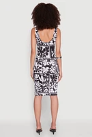 Womens Scoop Neck Leaf Print Midi Dress, Multi, Size S