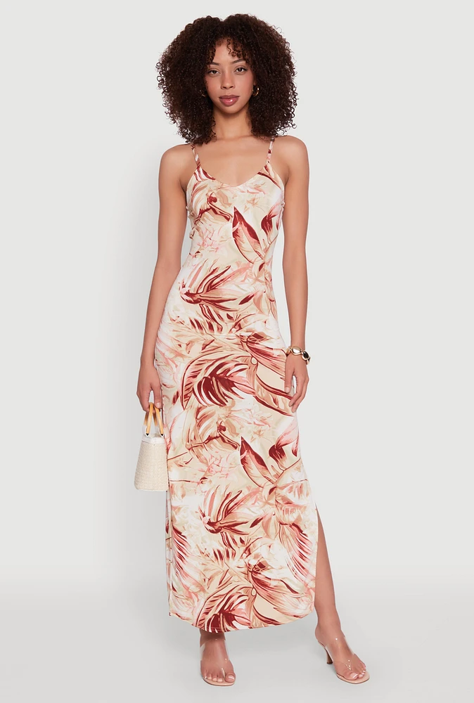 Womens Side Slit Leaf Print Cami Maxi Dress, Multi, Size M