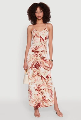 Womens Side Slit Leaf Print Cami Maxi Dress, Multi, Size M