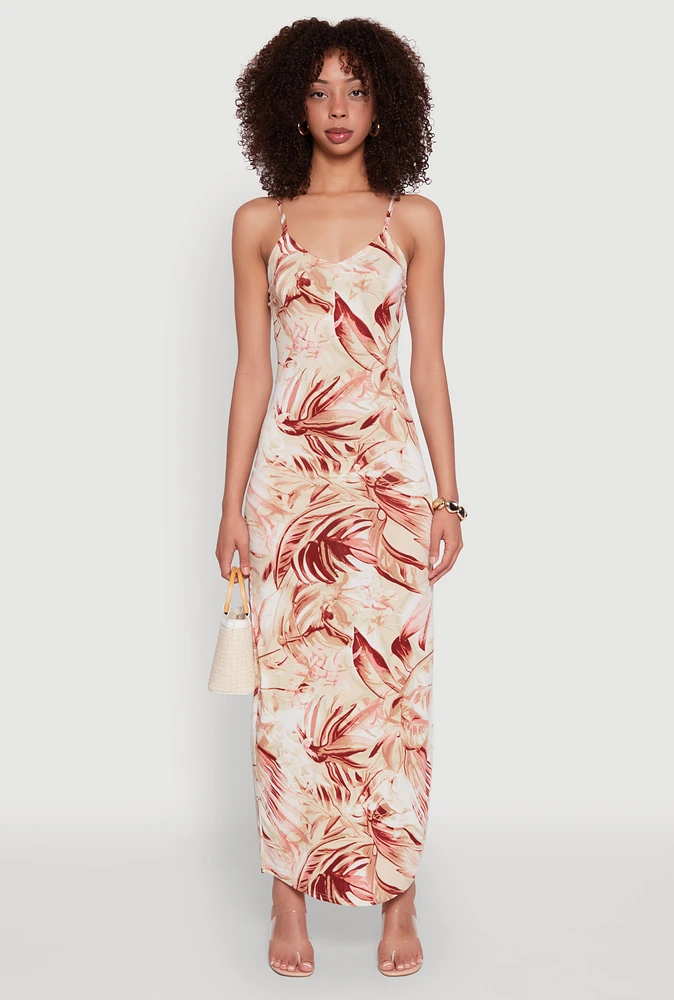 Womens Side Slit Leaf Print Cami Maxi Dress, Multi, Size L