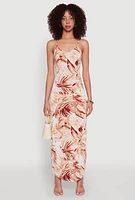 Womens Side Slit Leaf Print Cami Maxi Dress, Multi, Size L
