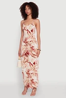 Womens Side Slit Leaf Print Cami Maxi Dress, Multi, Size L