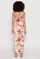Womens Side Slit Leaf Print Cami Maxi Dress, Multi, Size M