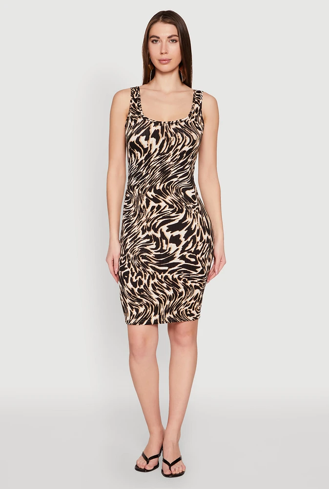 Womens Animal Print Scoop Neck Tank Dress, Brown,
