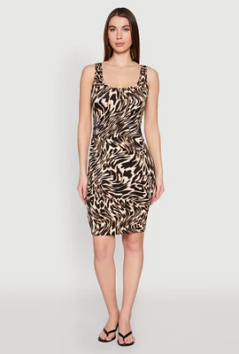 Womens Animal Print Scoop Neck Tank Dress, Brown,