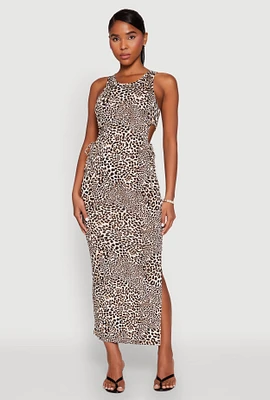 Womens Drawstring Side Cut Out Leopard Print Maxi Dress, Brown, Size M