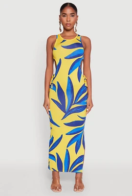 Womens Leaf Print Drawstring Side Cut Out Dress, Multi, Size L