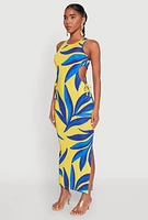 Womens Leaf Print Drawstring Side Cut Out Dress, Multi, Size L