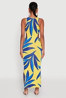 Womens Leaf Print Drawstring Side Cut Out Dress, Multi, Size L