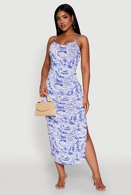 Womens Side Slit Flower Print Cami Maxi Dress, Blue, Size M