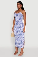 Womens Side Slit Flower Print Cami Maxi Dress, Blue, Size S