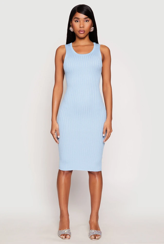 Womens Ribbed Knit Scoop Neck Midi Dress,