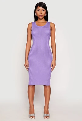 Womens Ribbed Knit Scoop Neck Midi Dress, Purple, Size L