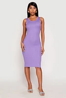 Womens Ribbed Knit Scoop Neck Midi Dress, Purple, Size L