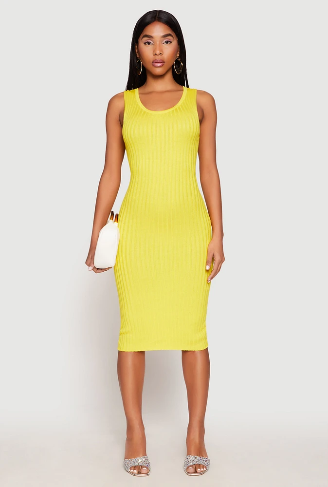 Womens Ribbed Knit Scoop Neck Midi Dress, Yellow, Size L