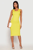 Womens Ribbed Knit Scoop Neck Midi Dress, Yellow, Size L