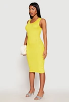 Womens Ribbed Knit Scoop Neck Midi Dress, Yellow, Size L