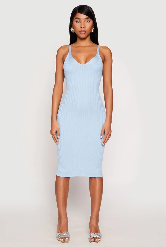 Womens Ribbed Knit V Neck Midi Dress, Blue,