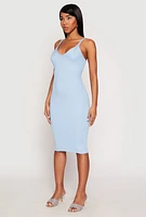 Womens Ribbed Knit V Neck Midi Dress, Blue,