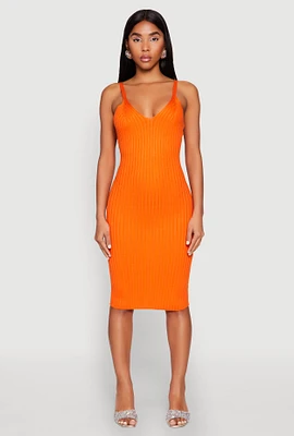 Womens Ribbed Knit V Neck Midi Dress, Orange, Size S