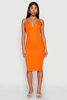 Womens Ribbed Knit V Neck Midi Dress, Orange, Size S