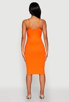 Womens Ribbed Knit V Neck Midi Dress, Orange, Size S